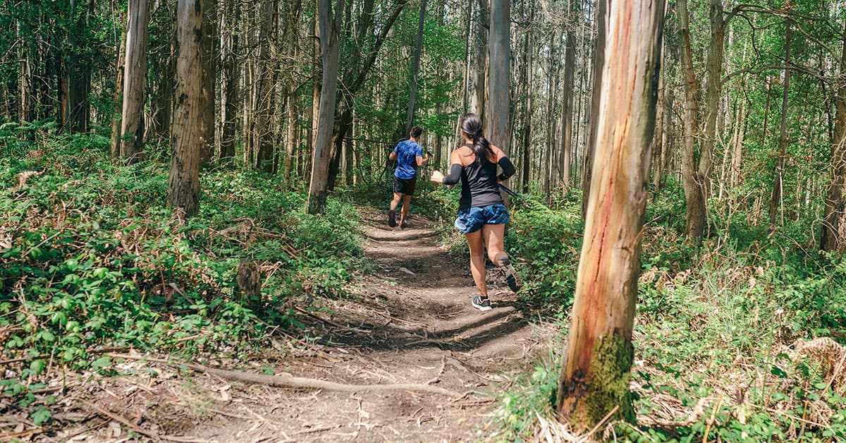 Beginner trail running image of couple running in forest