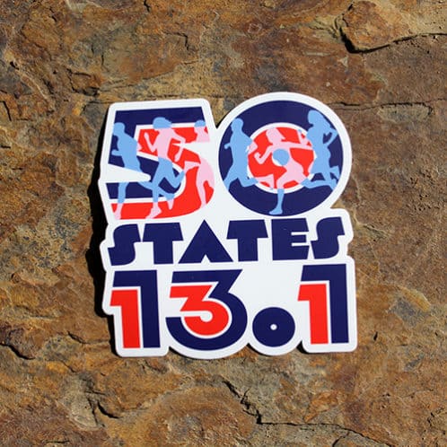 50 States Half Marathon Running Sticker on rock background