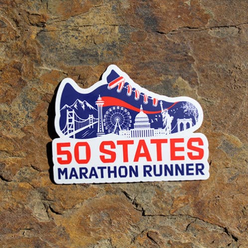 50 States Marathon Runner Sticker on rock background
