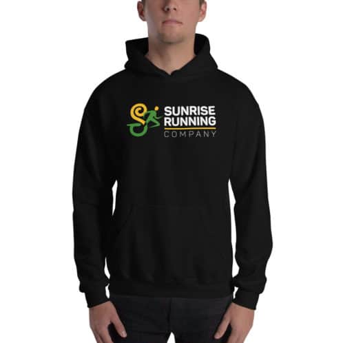 Adult modeling Sunrise Running Company hoodie in black