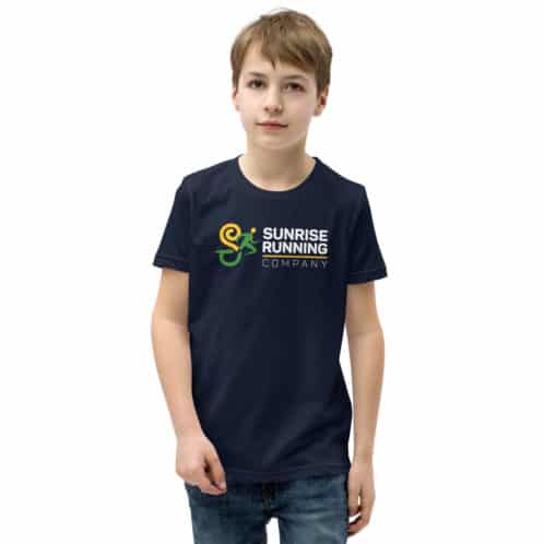 Youth Kid modeling Sunrise Running Company T-Shirt