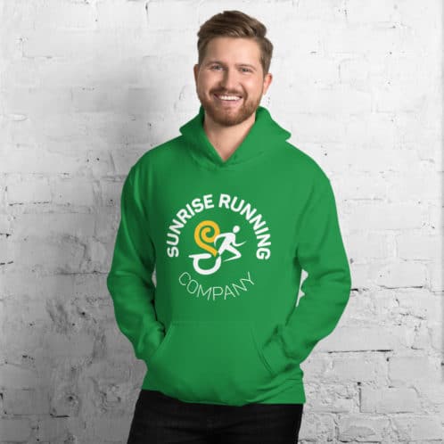 Adult modeling Sunrise Running Company hoodie in green