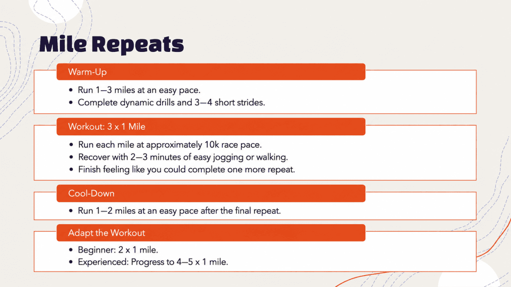 mile repeats is a type of speed workouts for long distance runners
