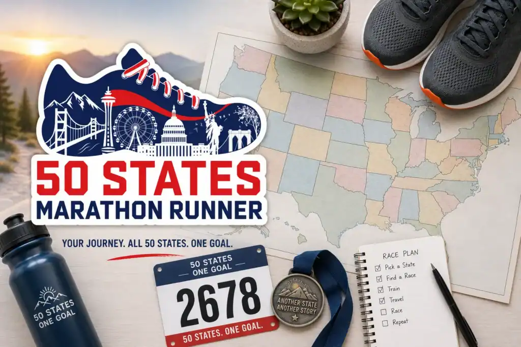 Runner planning to complete a race in all 50 states with US map, race bib, medal, and running gear