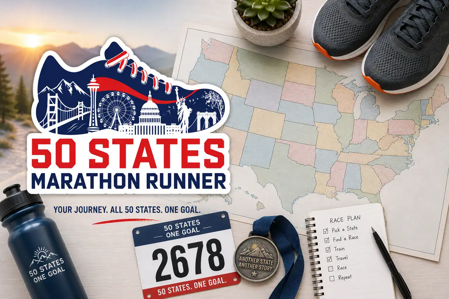 Runner planning to complete a race in all 50 states with US map, race bib, medal, and running gear