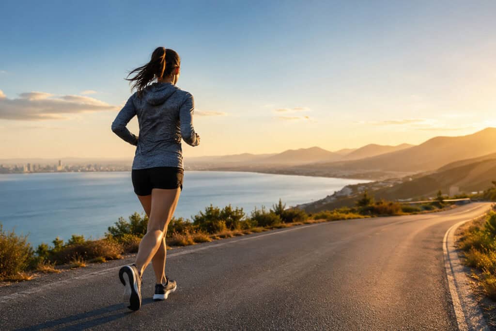 Runner training along a coastal road during sunrise representing a beginner half marathon to marathon bridge training plan focused on endurance and marathon progression.