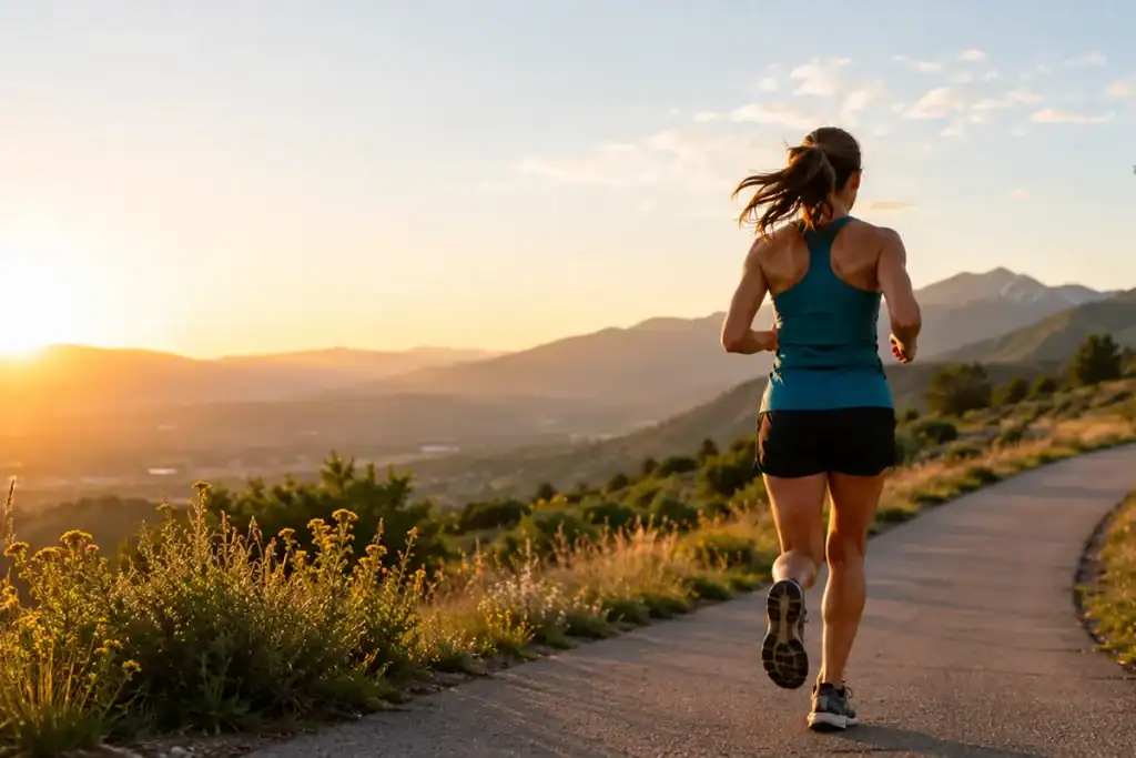 Beginner runner jogging along a scenic mountain path at sunrise during a peaceful outdoor run