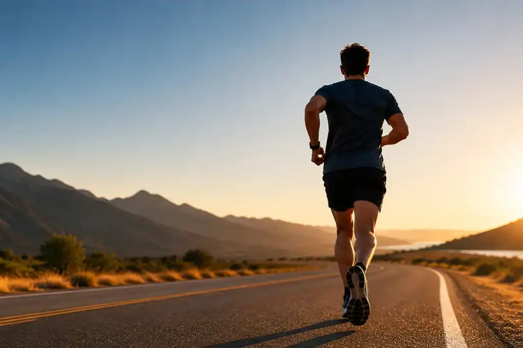 Runner training on an open road during sunrise as part of an intermediate half marathon to marathon bridge training plan.