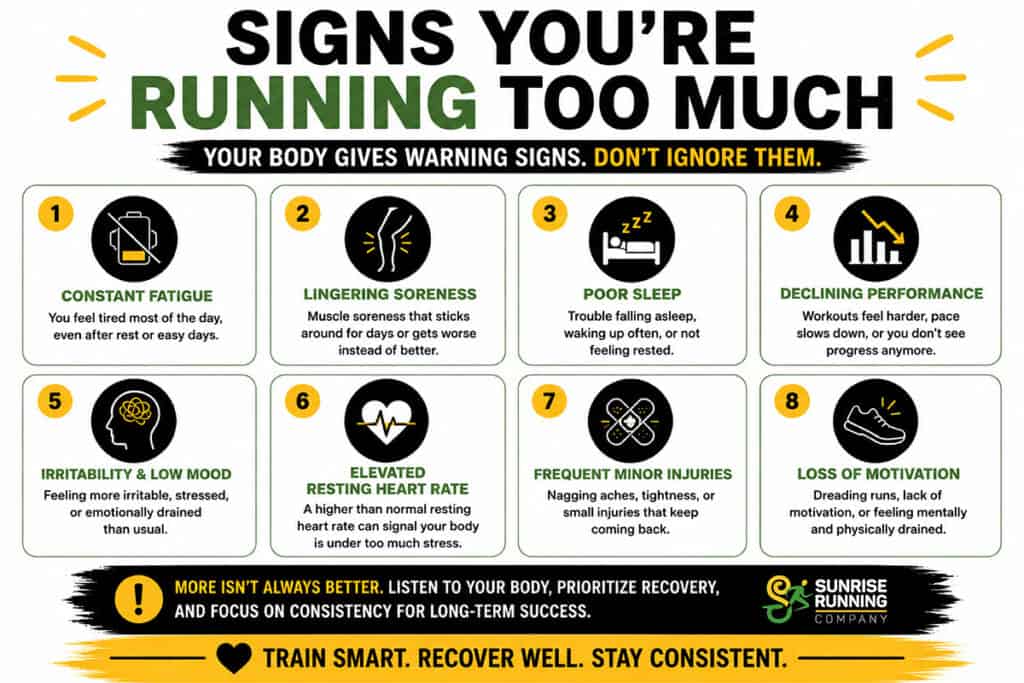 Infographic showing common signs of overtraining and excessive running mileage, including fatigue, soreness, poor sleep, declining performance, low motivation, and recurring injuries in runners.