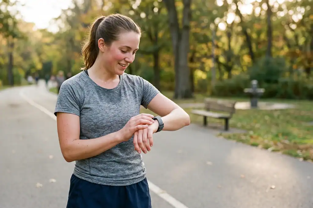 female runner training for a half marathon using a beginner half marathon training plan on her watch