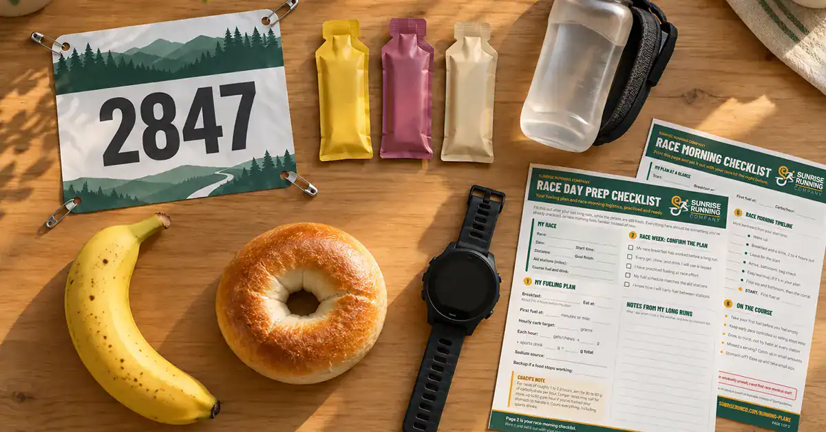 Race-day fueling gear on a wooden table: race bib, energy gels, water bottle, banana, bagel, GPS watch, and the printed Sunrise Running Company Race Day Prep Checklist