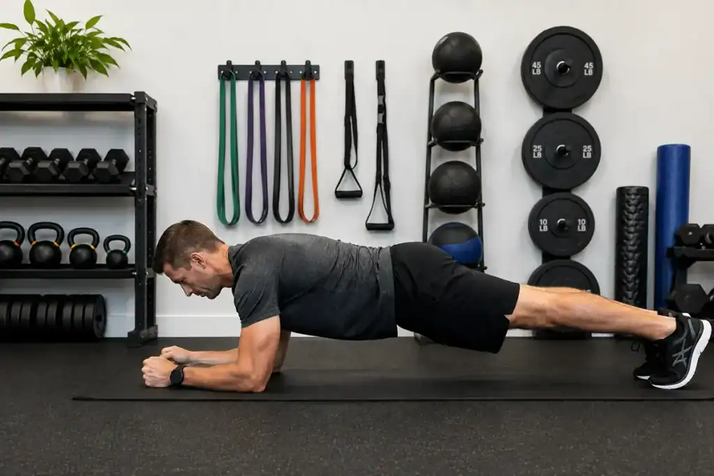 Runner performing a forearm plank during a strength training workout