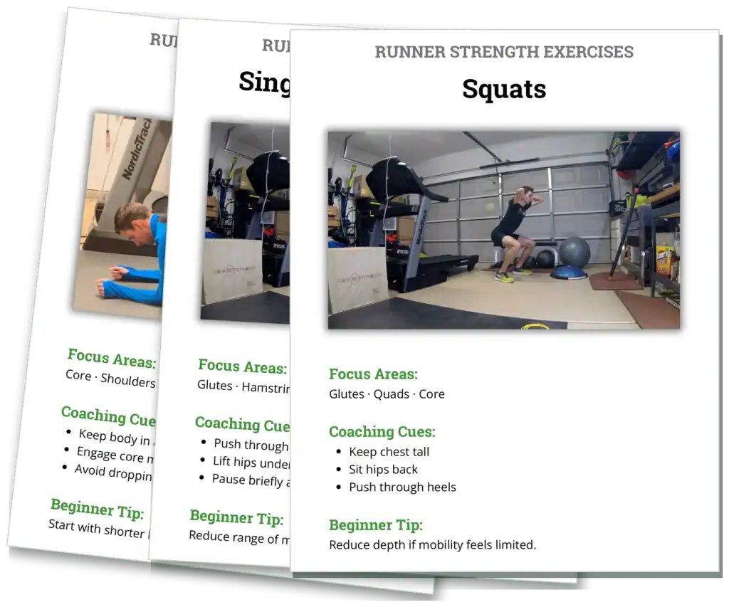 Three exercise pages from the 30 Days of Strength for Runners plan showing photos, coaching cues and beginner modifications